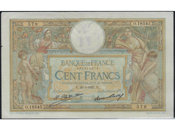 FRANCE 100 FRANCS MERSON sans LOM 26-7-1927 O.18545 TTB (F24/06)