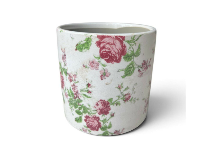 Pot motif florale rose céramique beigne 14x14x13cm