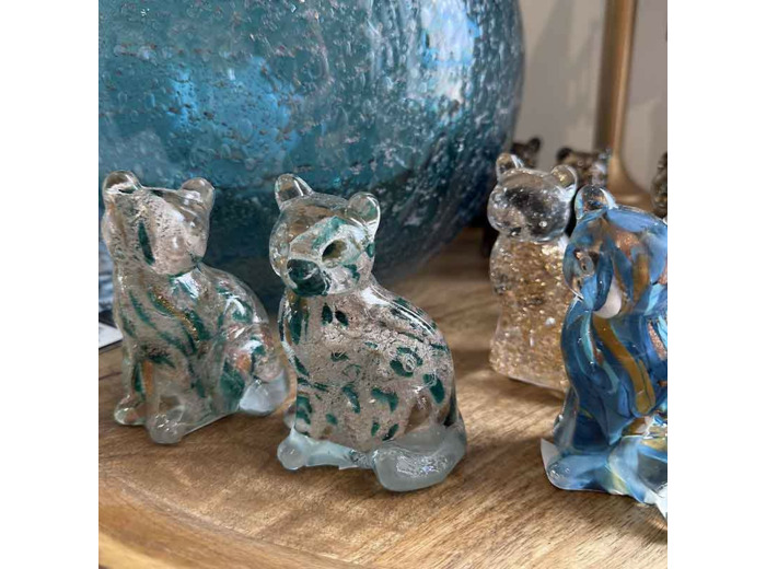 Décoration chat verre doré vert émeraude 7x6x10cm