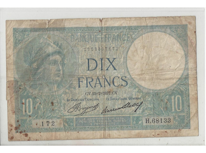 FRANCE 10 FRANCS MINERVE 25 02 1937 H.68133 B