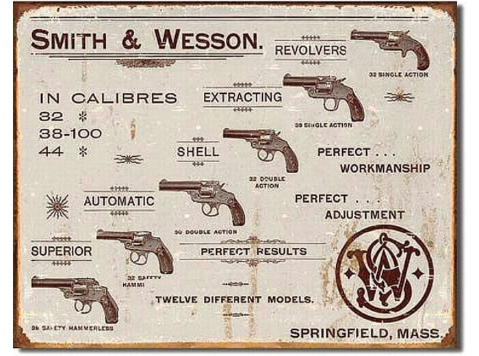 Plaque métal Smith et Wesson In Calibres, 31.5 x 40 cm.