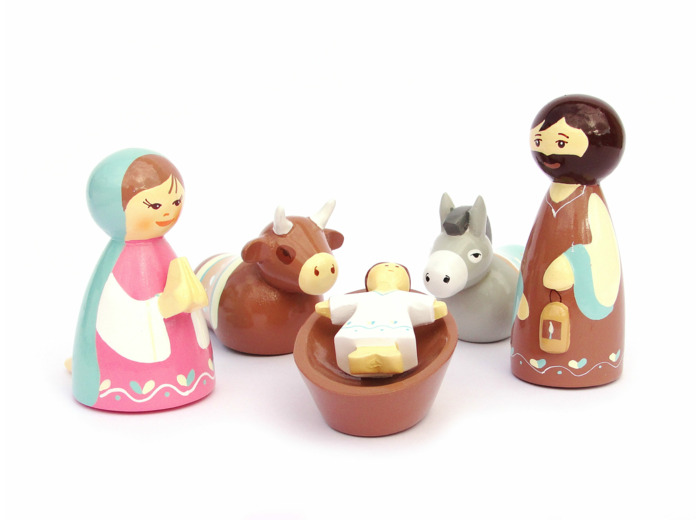 Crèche en bois tourné Marie bleue/rose 9 cm + boite
