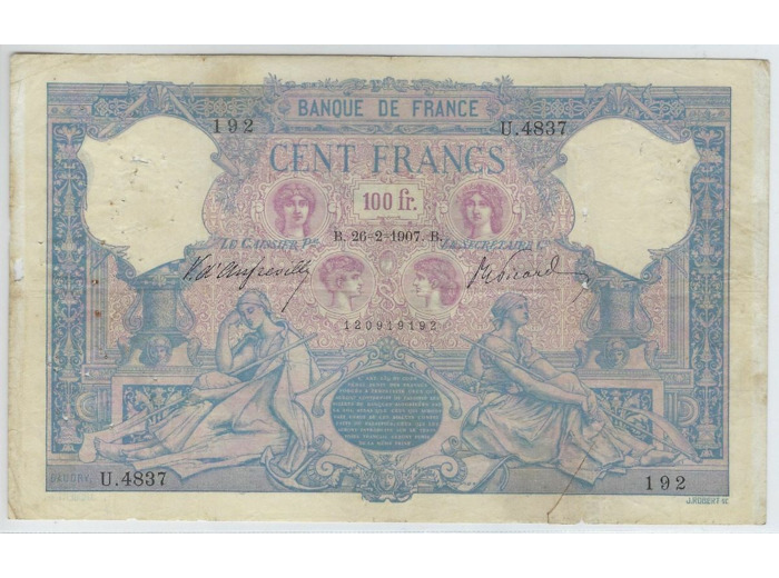 FRANCE 100 FRANCS BLEU ET ROSE SERIE U.4837 26-2-1907 B+