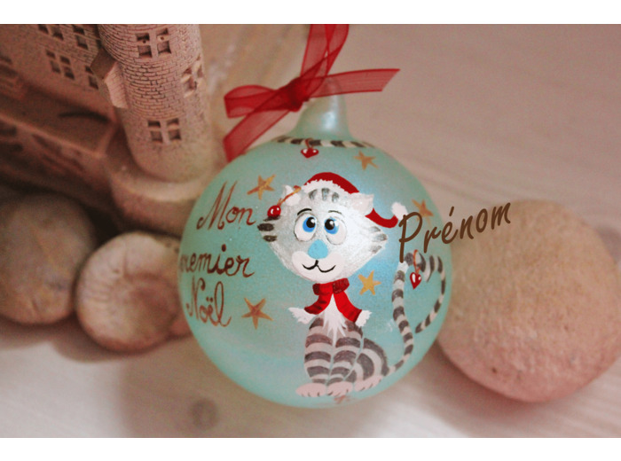 Boule de noël chaton en verre peinte à la main diamètre 8cm personnalisable par le prénom de votre choix, signée