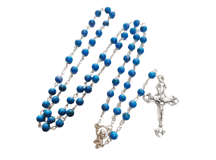 Chapelet en verre 6mm chaine argentée moucheté BLEU