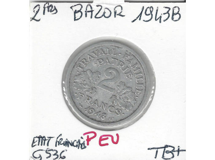 FRANCE 2 FRANCS BAZOR 1943 B TB+