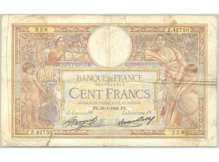 FRANCE 100 FRANCS MERSON SANS LOM SERIE Z.42718 18-1-1934 TTB+