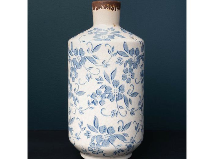 Vase Bouteille Bucolique Fleuri blanc bleu grès 12x25cm