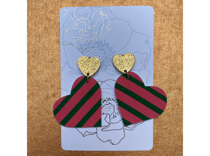 Boucles d'oreilles coeur coloris rose rayures vertes