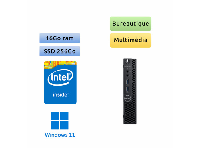 Dell Optiplex 3070 USDT - Windows 11 - Gold 16Go 256Go SSD - Ordinateur Tour Bureautique PC