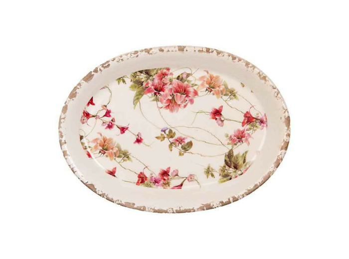 Assiette décorative beige céramique fleurs 25x18x3cm