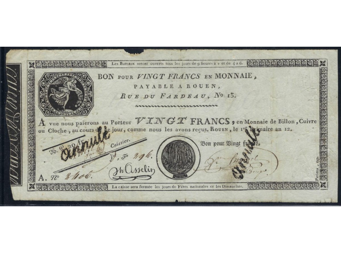 BON POUR VINGT FRANCS (Rouen) série A296 1er Frimaire an 12 annulé TB+