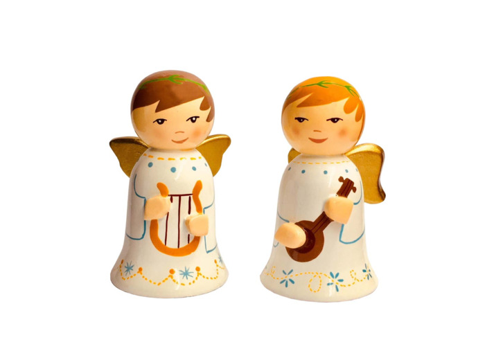 2 Anges en bois tourné Blanc 7cm - Lyre + Mandoline