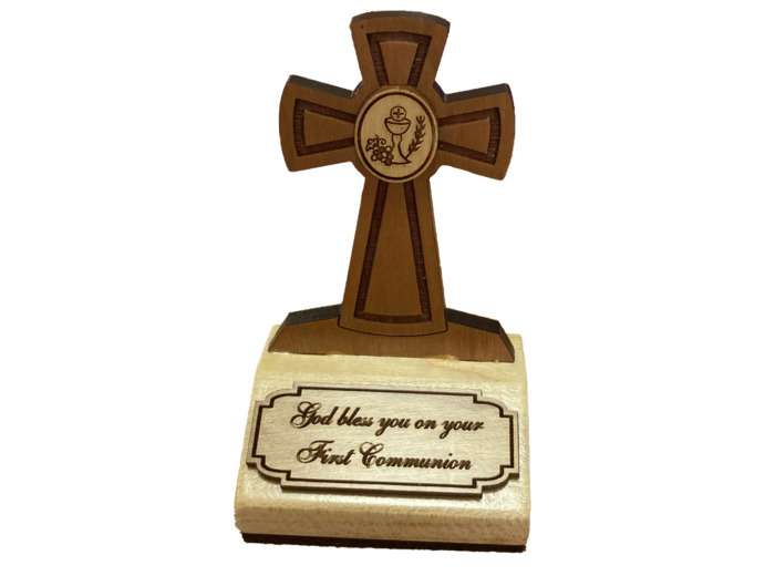 Bloc Souvenir en Erable 9cm - CROIX DE COMMUNION - Anglais