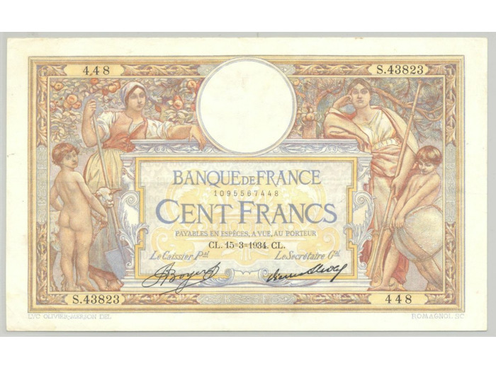 FRANCE 100 FRANCS MERSON SANS LOM SERIE S.43823 15-3-1934 TTB+