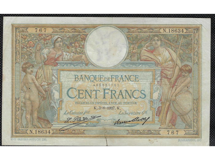 FRANCE 100 FRANCS MERSON sans LOM 3-8-1927 N.18634 TB+ (F24/06)