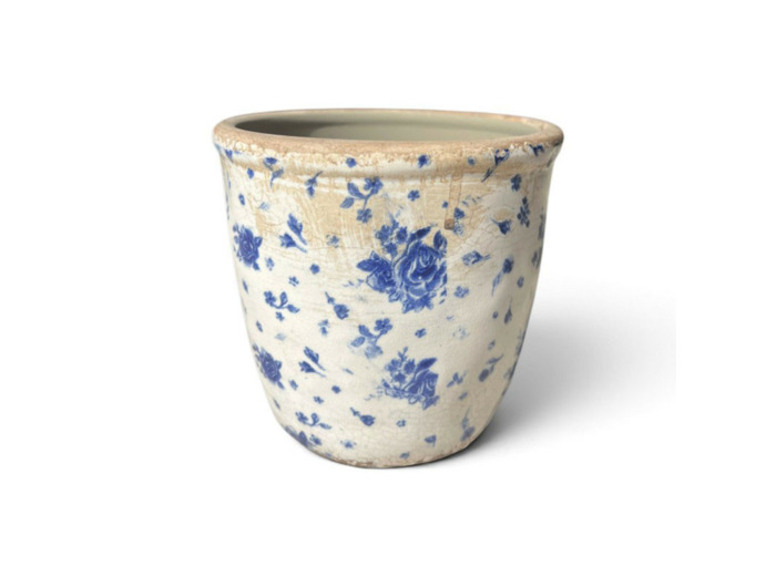 Pot céramique beige bleu motif florale 14x15x15cm