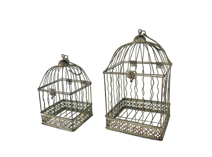 Ensemble 2 cages carrées suspendues vert patiné 18x18x40cm