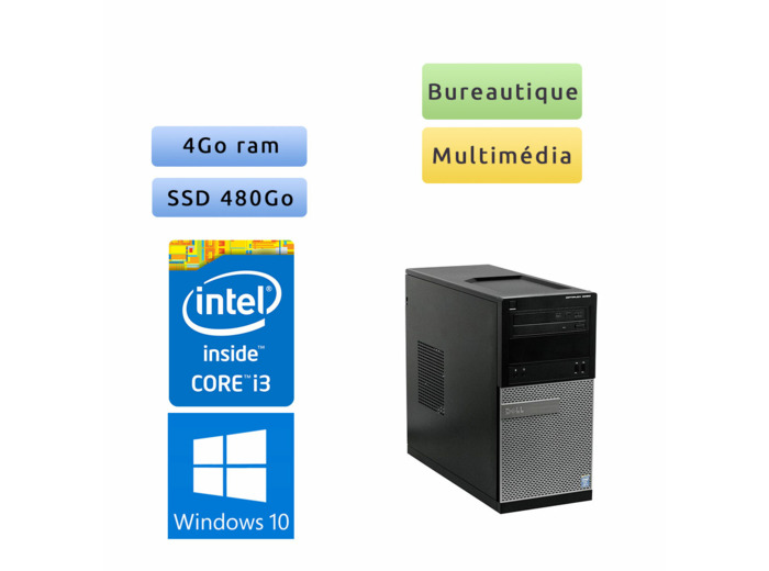 Dell Optiplex 3020 MT - Windows 10 - i3 4Go 480Go SSD - Ordinateur Tour Bureautique PC