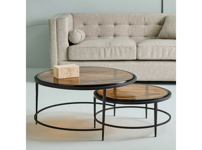 Ensemble tables basses gigogne verre fumé métal noir Igloo 86x46cm