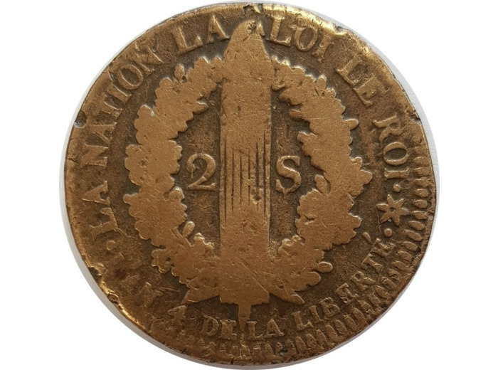 FRANCE LOUIS XVI 2 SOLS FRANÇAIS 1792 BB (Strasbourg) 23gr93 TB-