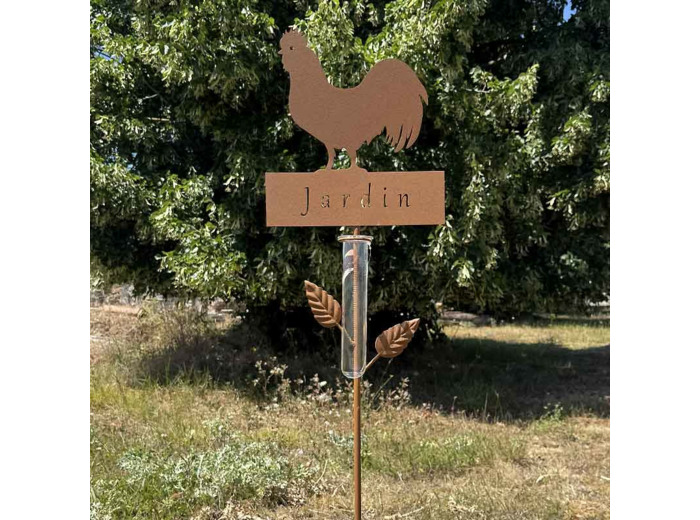 Pluviomètre coq métal à planter jardin 22x6x110cm