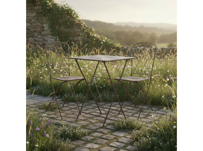 Ensemble Mange debout Pliant en Fer Patiné Gris Vintage Table et 2 Chaises 53x50x94cm