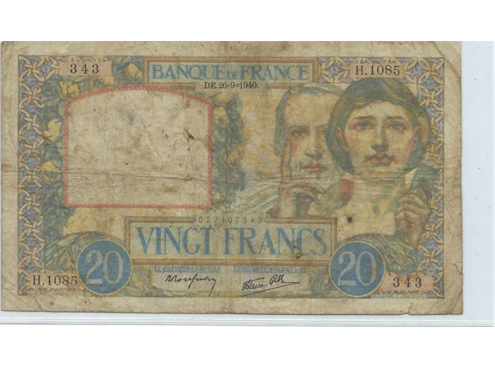 FRANCE 20 FRANCS SERIE H.1085 SCIENCE ET TRAVAIL 26 09 1940 TB