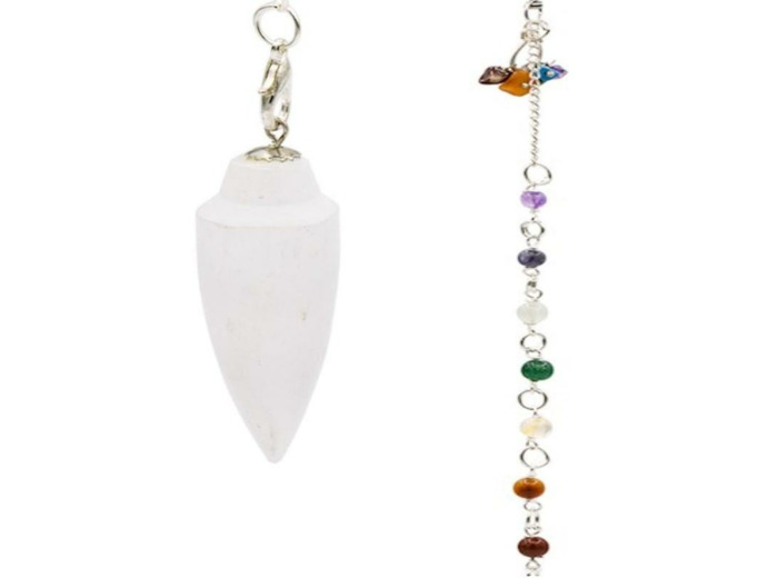 Pendule goutte en Sélénite avec chaînette des 7 chakras