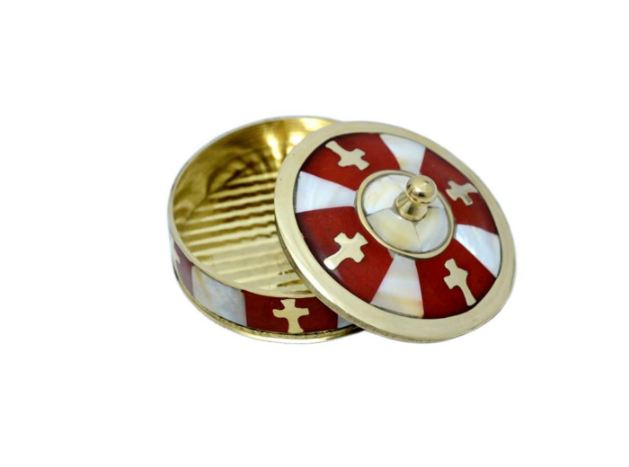 Boîte à chapelets en Nacre et Laiton - Rouge- Diamètre 7cm