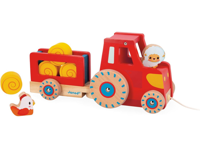Janod - Tracteur à Tirer - Jouet d'Éveil - 1 Tracteur Enfant + 6 Accessoires -