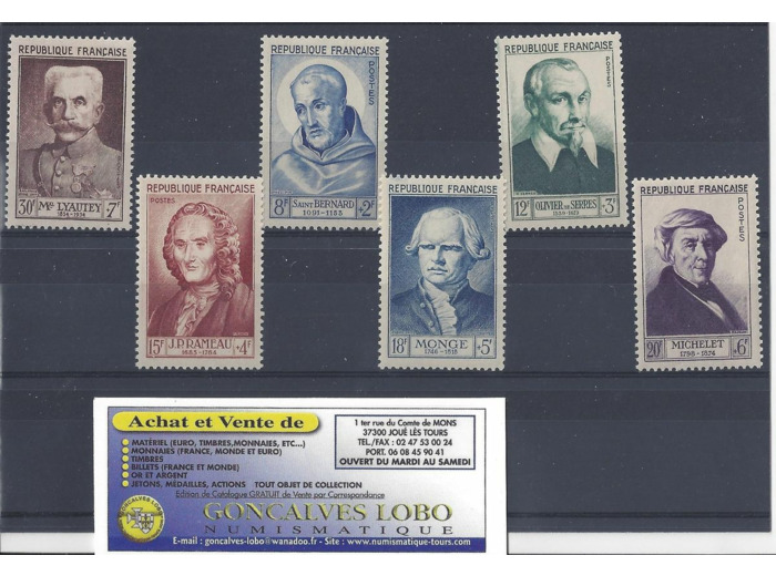 YVERT 945 a 950 CELEBRITES DU XII au XX Siècle Serie 6 Timbres NEUF