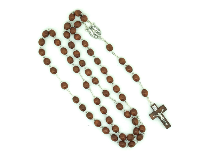 Chapelet BOIS grain oval sur chaine argentée- MARRON