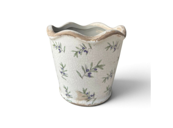 Pot de fleurs céramique beige motif olives 13x12x13cm