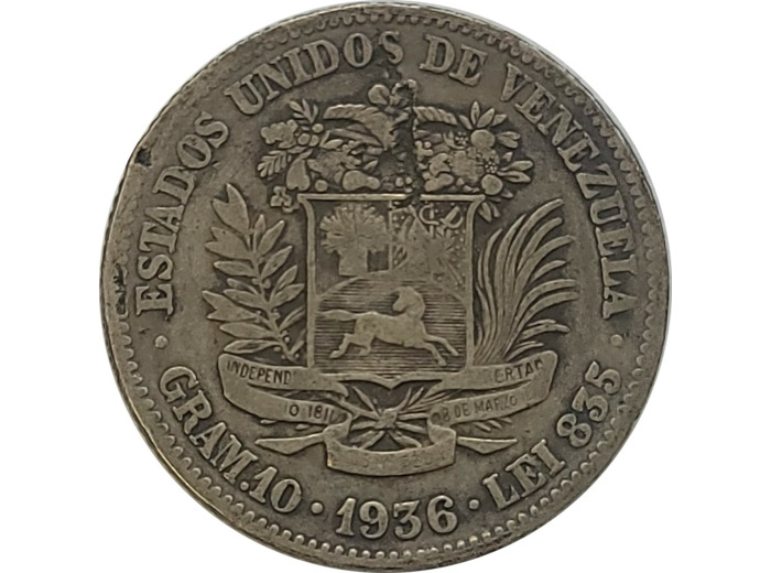 VENEZUELA 2 BOLIVARES ARGENT 1936 TB (KM23)