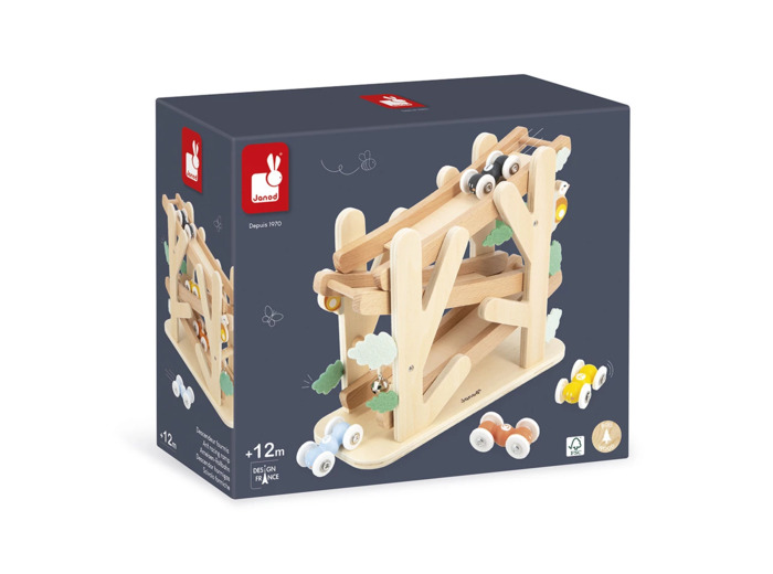 Janod - Descendeur en Bois sur 3 Niveaux- Toboggan des Fourmis avec 4 Voitures Âge - Apprentissage Motricité Fine - Dès 1 an - J04038