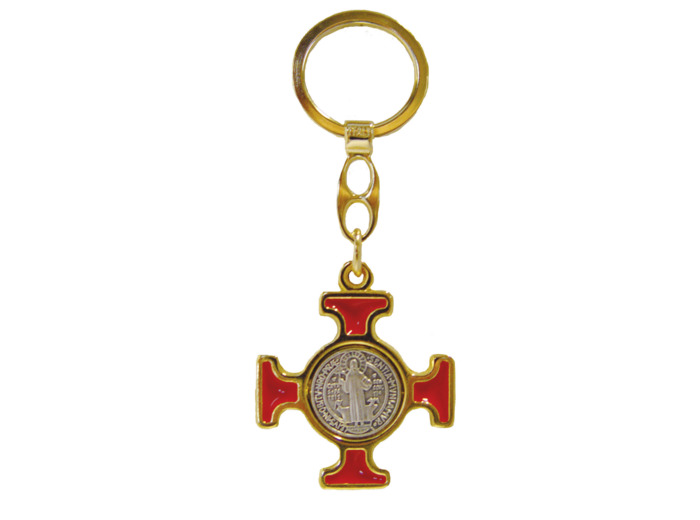 Porte-Clefs Saint Benoît en Métal Doré avec Email - ROUGE