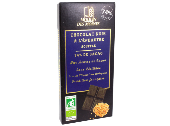Chocolat Noir 74% à l'épeautre Soufflé Bio 100g
