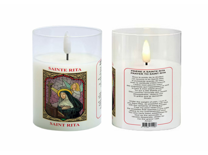 Bougie LED 7.5x10cm - Sainte Rita + Prière - Vendue sans pile