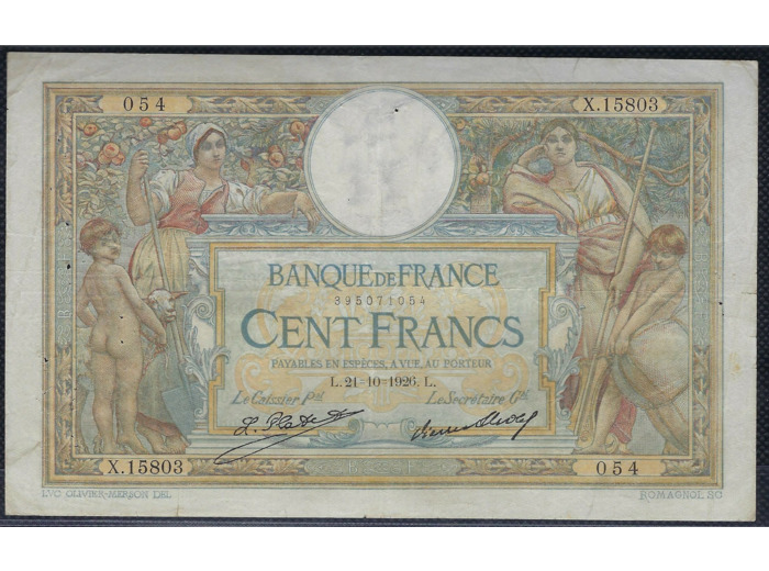 FRANCE 100 FRANCS MERSON sans LOM 21-10-1926 X.15803 TTB (F24/05)
