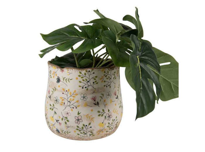 Cache-pot en Céramique Fleuri Jaune et Multicolore 18x16cm