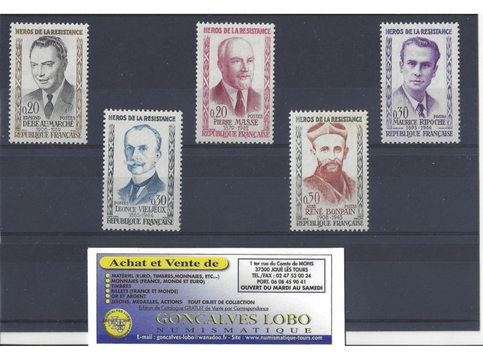 YVERT 1248 a 1252 HEROS DE LA RESISTANCE 1960 Serie 5 Timbres NEUF