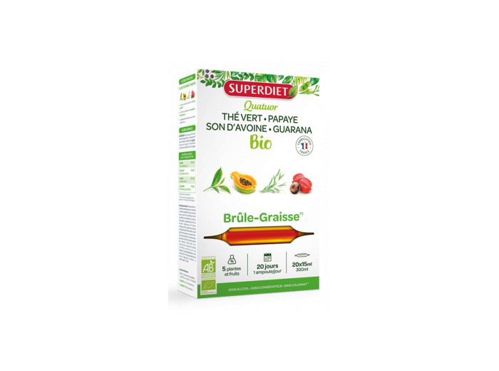 Quatuor brule graisse Guarana Thé vert Papaye Son d'avoine Bio 20 ampoules de 15ml