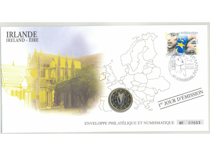 ENVELOPPE PHILATELIQUE NUMISMATIQUE INTEGRATION EURO 1 EURO IRLANDE 2005
