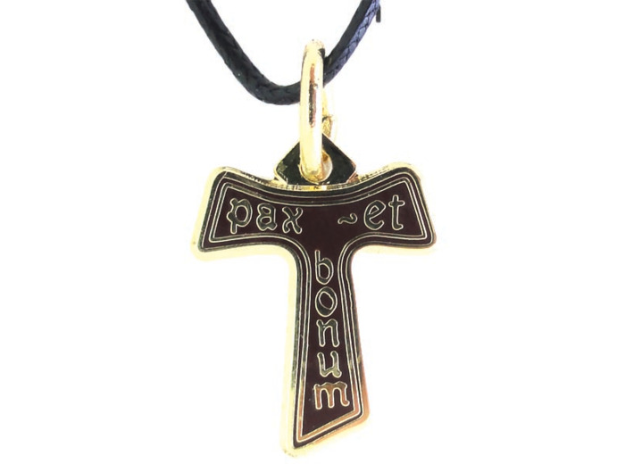 Croix Tau en Email  Dorée Or Fin 17mm avec Cordon