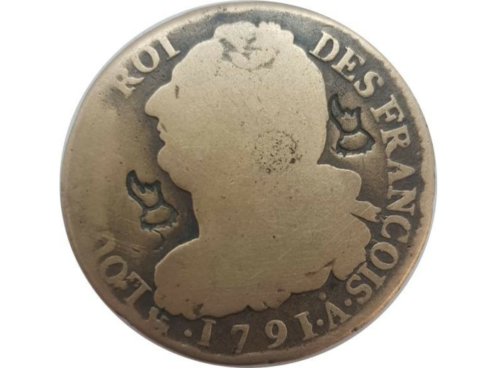 FRANCE LOUIS XVI 2 SOLS FRANÇOIS 1791 .A. (Paris) 22gr37 B contremarquée