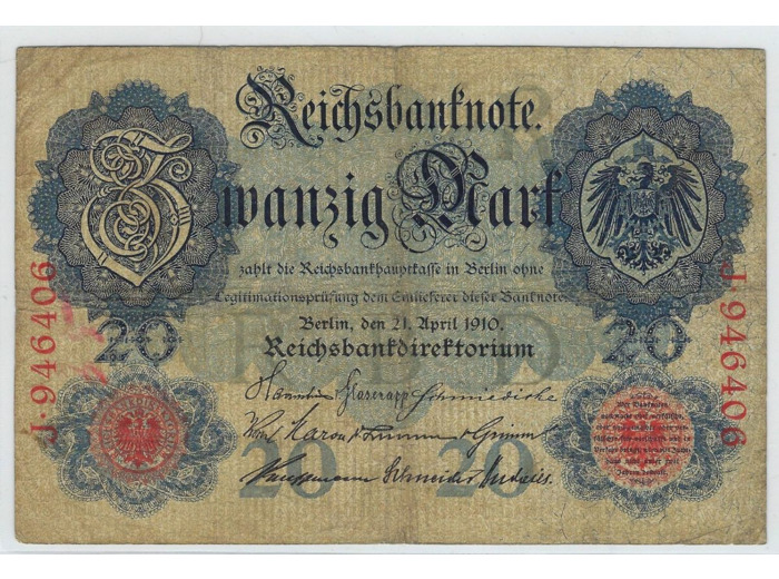 ALLEMAGNE 20 MARK SERIE J 21-04-1910 TB+