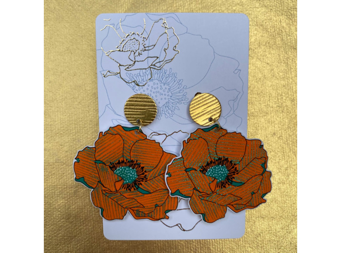 Boucles d'oreilles anémone coloris orange rayures vert pailleté