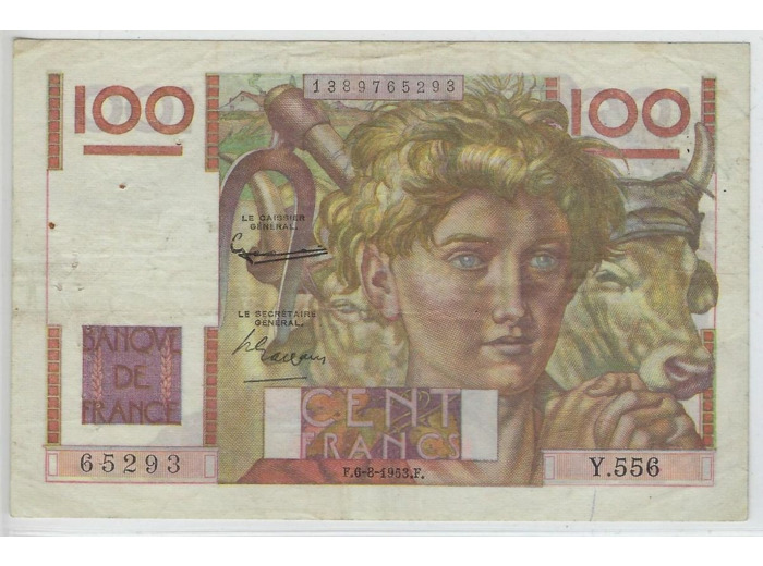 FRANCE 100 FRANCS JEUNE PAYSAN FILIGRANE INVERSE 6-8-1953 Y.556 TTB