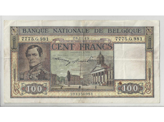 BELGIQUE 100 FRANCS SERIE 7775G981 28 11 1949 TTB